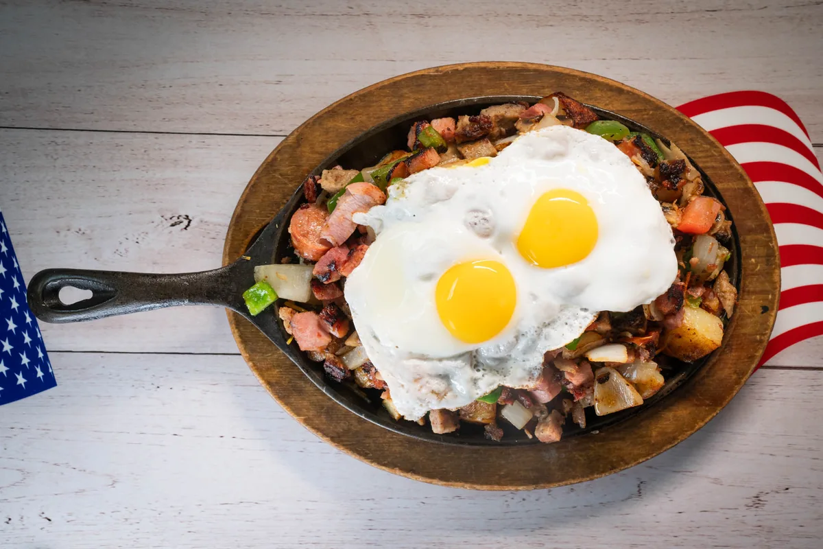 Breakfast skillet topped with two eggs